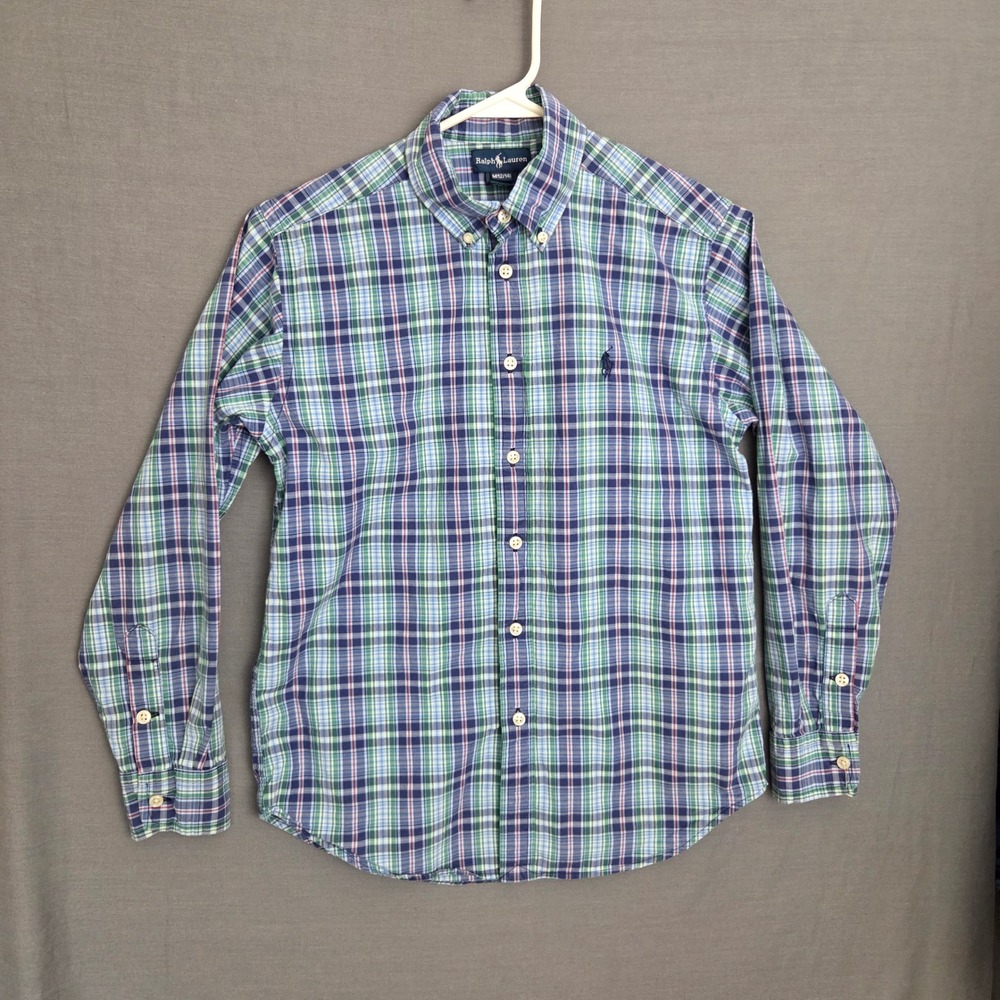 Ralph Lauren Boys Plaid Button Down Shirt Classic Preppy Pony Logo M 12-14